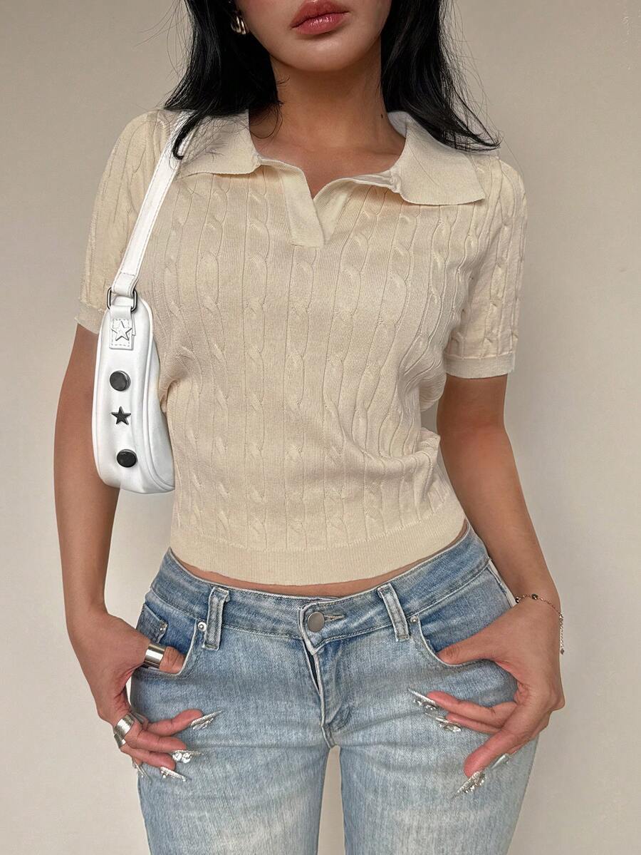 Flirla 扭绳高领黄色针织上衣 - 淡黃色 - 查看 1