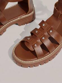 Styleloop Women's Shoes Spring And Summer New Women's Wedge Heel Platform Sandals, Metal Buckle Rivet Inlay Decoration, Tall Cool Boots, Gladiator Sandals, Rear Zipper Weaving, Roman Style Holiday Daily Wear Summer Shoes - Brown - View 9