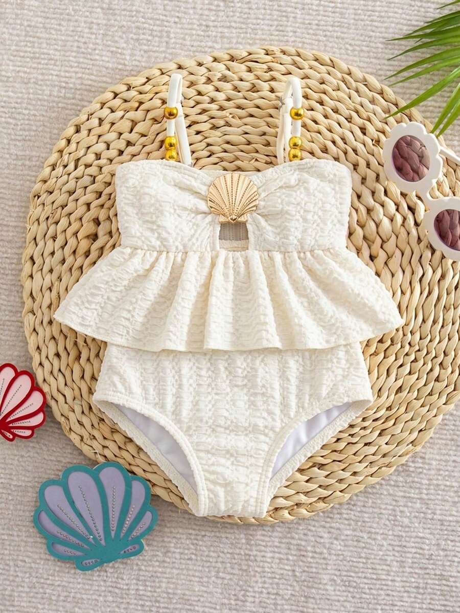 SHEIN Baby Girl One-Piece Swimsuit,Holiday White Ruffle Swimwear With Seashell,Cute Polyester Frilled Monokini For Toddler Girls,Beach Summer Outfit - Apricot - View 1