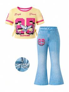 SHEIN 2pcs/Set Young Girl Knitted Letter & Number Pattern Round Neck Pleated T-Shirt And Flare Pants Outfit - Multicolor - View 3
