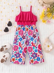 SHEIN 女嬰花卉公主風T恤套裝，白色波西米亞度假假日夏季穿搭，條紋針織柔軟連身衣，小女孩時尚休閒服飾 - 黑與白 - 查看 2
