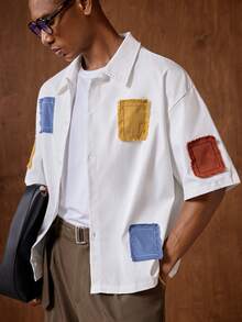 AKNOTIC Men's Fashion Casual Color Clash Applique Embroidered Button Up White Boxy Shirt, For Summer - White - View 7