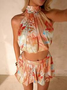 SHEIN Glamour 2件組女款黃色夏季波西米亞度假風花卉印花掛脖露背無袖上衣與裙褲套裝，電音派對穿搭 - 彩色 - 查看 8
