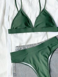 SHEIN Swim Triangle High Waisted Bikini,Summer Beach - Green - View 5