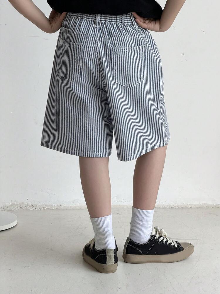 Striped Casual Slim Fit Straight A-Line Knee-Length Shorts For Big Boys, Summer