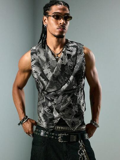 ROMWE MEN Áo vest nam kiểu Gothic hai hàng khuy họa tiết rồng jacquard