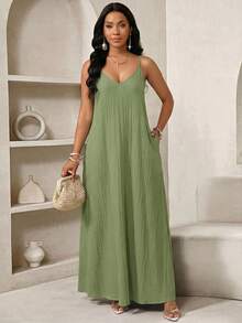 SHEIN Lady Women's Solid Color Minimalist Everyday Maxi Slip Dress - Green - View 7