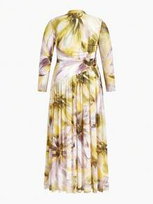 ZEYLAH Đầm ôm sát in họa tiết lưới dệt kim thanh lịch, xếp ly, thích hợp cho mùa xuân/hè. - màu xanh lá - Xem 2