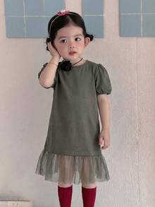 Dazy Kids 女嬰圓領休閒網布拼接中長洋裝 夏季幼兒 - 灰色 - 查看 2