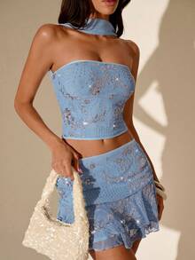SHEIN Glamour 两件套蓝色亮片露背吊带无袖迷你裙套装，尽显优雅气质，适合舞会、锐舞派对、街头服饰、演唱会、夜店、约会、生日、秋冬等各种场合，是派对必备、新年、婚礼派对的理想之选。 - 藍色 - 查看 6