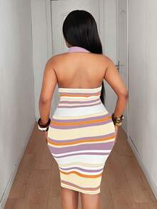 Maweii Vestido de punto de cuello halter con diseño de rayas para mujer de talla grande - Multicolor - Ver 2