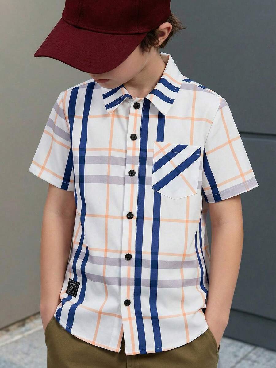 SHEIN Tween Boy Plaid Print Button-Front Casual Short Sleeve Shirt - Multicolor - View 1