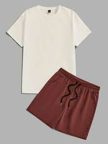 Manfinity Joysei Conjunto de top de punto color albaricoque ajustado y pantalones cortos tejidos marrones para hombre - Marrón - Ver 7