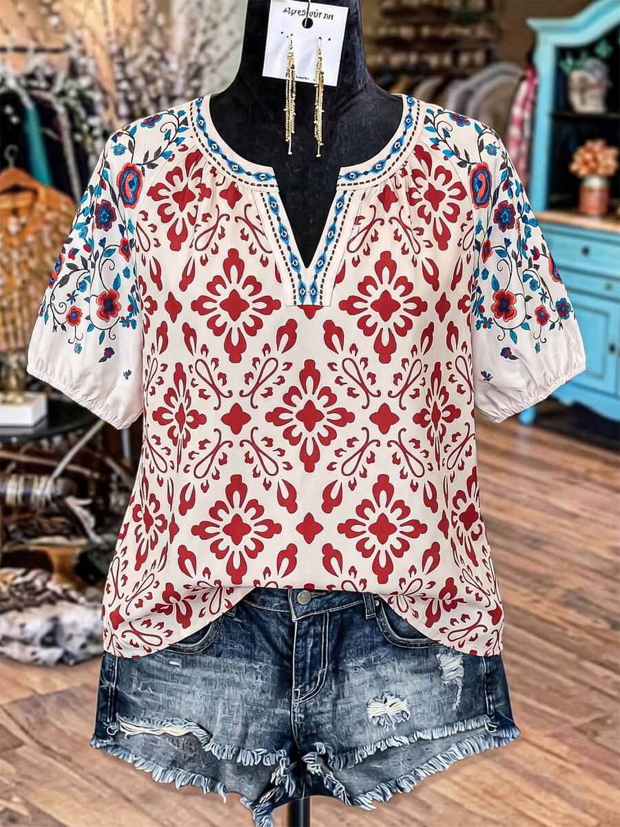 Linhara Kemeja Kerah Potongan Motif Bunga Ukuran Besar - Merah - View 1