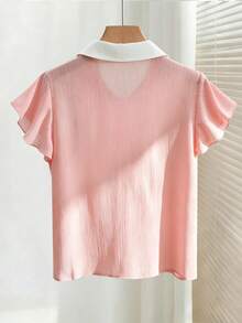 SHEIN Franclia Áo sơ mi cơ bản tối giản dành cho nữ, thích hợp mặc hàng ngày, với cổ và tay áo nhún bèo, chất liệu chiffon xếp ly, kiểu dáng dễ thương màu hồng. - Hồng - Xem 2