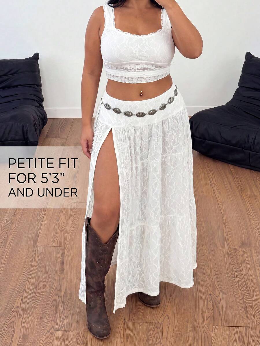 SHEIN PETITE CURVE 大码女装夏季音乐会、锐舞派对、节日外出、文艺复兴集市蕾丝侧开衩半身裙，适合度假、西部风情装扮，Y2K质感面料