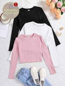 SHEIN 3-teiliges Set für Tween-Mädchen mit gerippter Strickpassform, langen Ärmeln und kurzen Hosen, für Herbst und Winter - Babypink - Übersicht 1