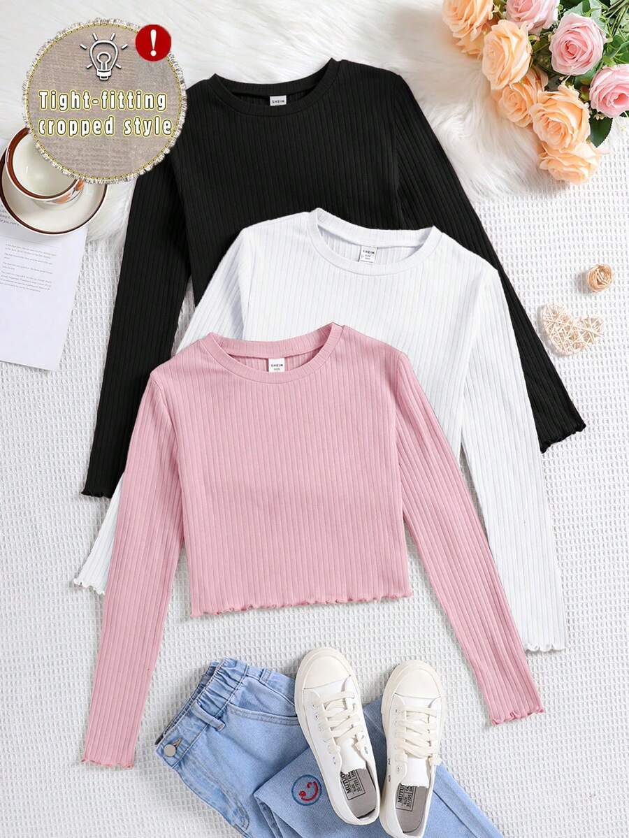 SHEIN 3-teiliges Set für Tween-Mädchen mit gerippter Strickpassform, langen Ärmeln und kurzen Hosen, für Herbst und Winter - Babypink - Übersicht 1