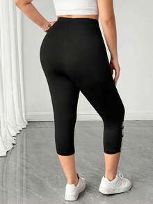 SHEIN Tall CURVE 高挑 CURVE-D 加大码女式印花弹力腰休闲七分紧身裤 - 黑色 - 查看 2