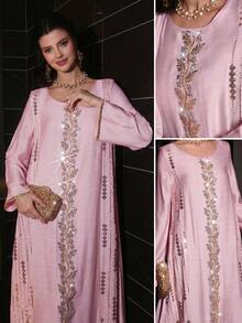 Layrah Vestido de manga larga con cuello redondo, bordado y con cuentas, acampanado, para primavera/verano - Rosa - Ver 8