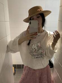 TOM AND JERRY X DAZY Áo thun nữ dài tay cổ tròn in hình hoạt hình, kiểu dáng thường ngày. - trắng - Xem 6