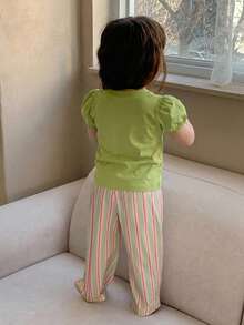 DAZY 女嬰圓領純色短袖上衣與條紋寬鬆長褲 2 件套睡衣套裝 夏季幼兒 - 薄荷綠 - 查看 2