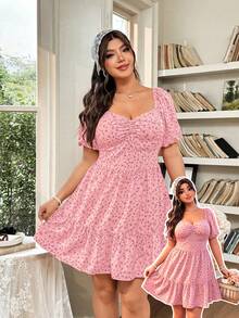 FleurLily Plus Size Women's Rust Puff Sleeve Tiered Mini Dress, Sweetheart Neckline, Ruched Back, Ruffle Hem, Featuring Ditsy Ditsy Floral, Festival Dress Pink Floral Dress Zanzea Dress For Women Ladies Dresses - Pink - View 3