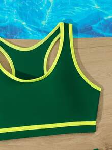 SHEIN Conjunto de bikini con ribete de contraste para adolescentes, ideal para vacaciones de verano en la playa - Verde - Ver 4