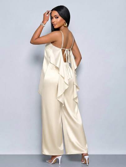 SOLERSUN 2pcs/Set Women's Summer Fashion Casual Elegant Apricot Satin Asymmetrical Camisole Top And Wide Leg Pants Set Adjustable Strap Cami Top Elastic Waist Pants Resort Wear Evening Coordinates Sexy And Elegant Casual Beach Resort Two Pieces Set For Women, Summer Women's Fashion, Old Money Style. Women Vacation Outfit Sets