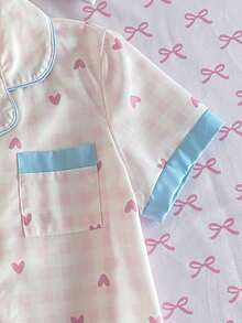 SHEIN Girls' Plaid Heart Print Short Sleeve Cardigan And Loose Shorts 2 Pieces Set, Fashionable And Cute Summer Outfit For Teens - Baby Pink - View 4
