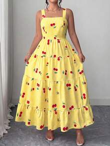 Elenzga Plus Size Plaid & Cherry Print Ruffle Hem Sleeveless Dress - Yellow - View 6