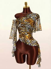Amplova Women's White Leopard Print Asymmetric Hem Fashionable Sexsy T-Shirt Party Club Night Summmer Summer Outfits For Women Festival Beach Birthday Casual - Multicolor - View 3