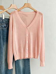 Calvaya Áo khoác cardigan dệt kim dài tay, màu trơn, cài một hàng khuy, dáng rộng, dành cho nữ, cỡ lớn. - Hồng - Xem 1