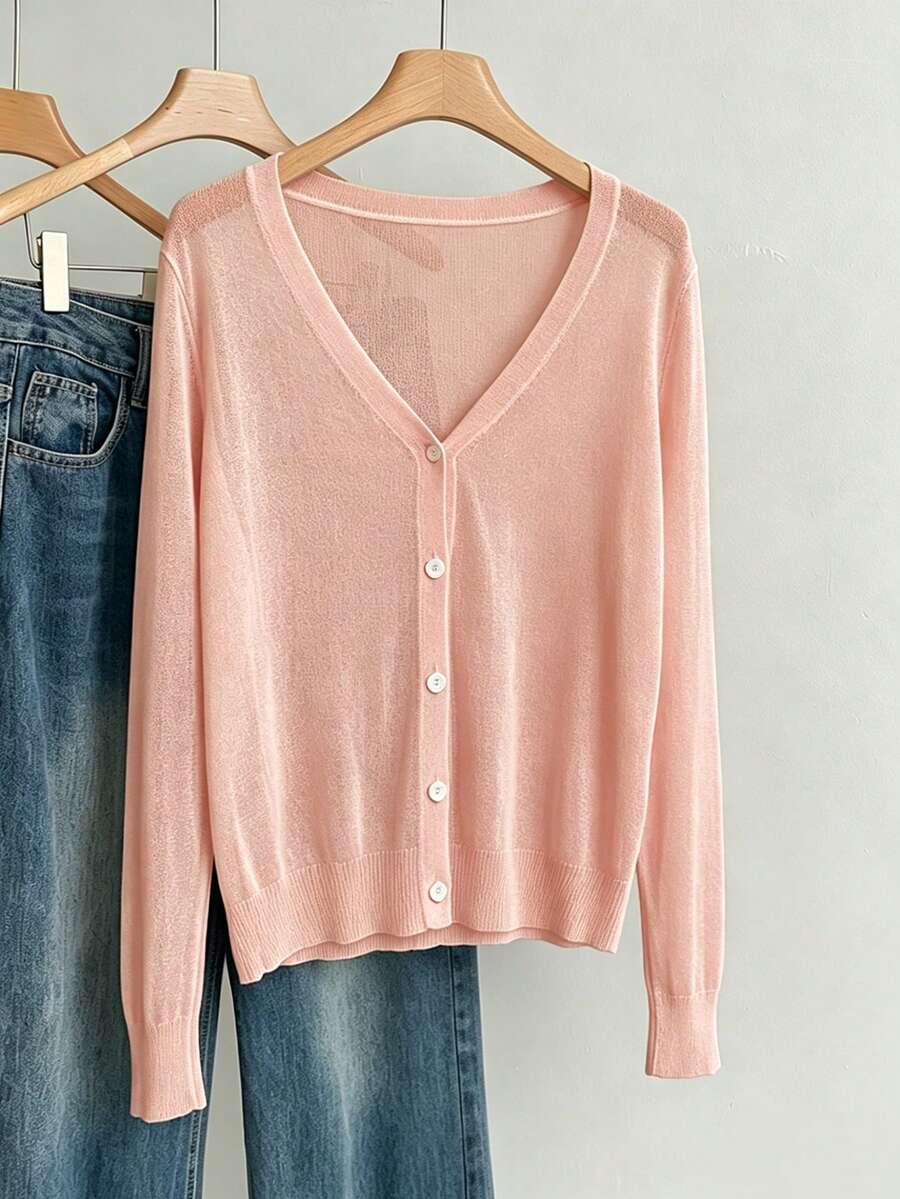 Calvaya Áo khoác cardigan dệt kim dài tay, màu trơn, cài một hàng khuy, dáng rộng, dành cho nữ, cỡ lớn. - Hồng - Xem 1