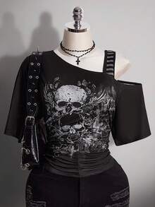 SHEIN ICON Plus Size Asymmetric Neckline Ruched Skull Print Short Sleeve T-Shirt - Multicolor - View 4