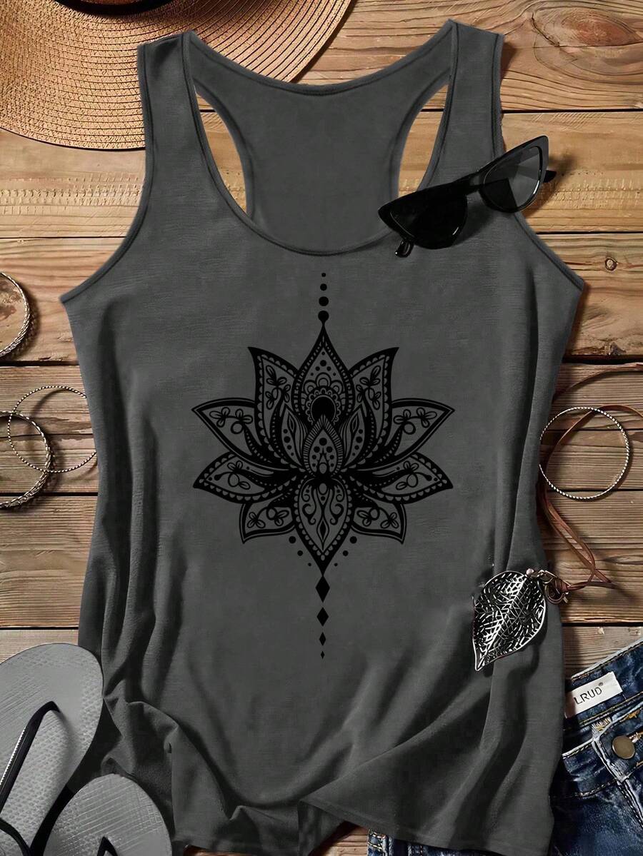 SHEIN LUNE Plus Size Women Casual Minimalist Dark Grey Lotus Graphic Racerback Tank Top, Suitable For Summer - Dark Grey - View 1