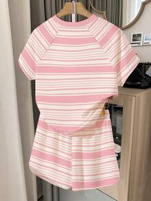 2pcs/Set Teen Girl Pink White Striped Raglan Sleeve T-Shirt&Drawstring Pocket Shorts,Summer Streetwear Party Minimalist Style Arc-Hem Essential Set - Multicolor - View 2