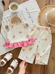 Multicolor Polyester Ruffle Flounce Sleeve Tank Top Co-Ord With Plants Pattern For Baby Girls Vacation Styl - Pink - View 2