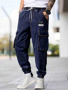 Manfinity Homme Plus Size Men's Drawstring Waist Pockets Cargo Denim Jogger Pants - Dark Wash - View 4