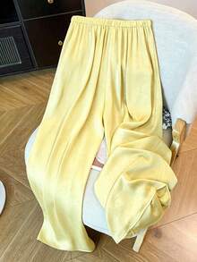 SHEIN Tall CURVE 大码女式宽松舒适阔腿裤，专为高胖身材设计，采用醋酸纤维面料。 - 鵝黃色 - 查看 2