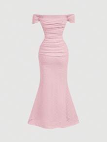 SHEIN MOD Women's Elegant Romantic Solid Color Off-Shoulder Fishtail Dress Summer Wedding Dinner Baby Pink - Pink - View 5