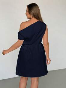 Auralis Plus Size Women's Elegant Minimalist Solid Color Asymmetric Collar Cinching Waist Dress, Summer - Navy Blue - View 3