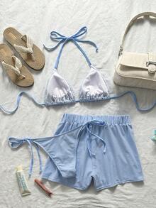 Swim Vcay Bộ bikini 3 món dành cho nữ, họa tiết kẻ caro retro, chấm bi và quần bơi kẻ sọc cho kỳ nghỉ phong cách Boho, Bohemian, trang phục tập gym, phong cách Y2K cổ điển, giản dị, dễ thương, ngọt ngào, retro, đồ bơi nữ mùa xuân hè, trang phục đi biển, trang phục thời trang, trang phục ngày Quốc khánh 4 tháng 7, đồ đi biển mùa hè - Màu xanh nhạt - Xem 4