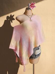SHEIN ICON 大尺碼女款淺粉色漸層流蘇針織罩衫，度假罩衫，適合秋季度假、海灘、Safari - 彩色 - 查看 4