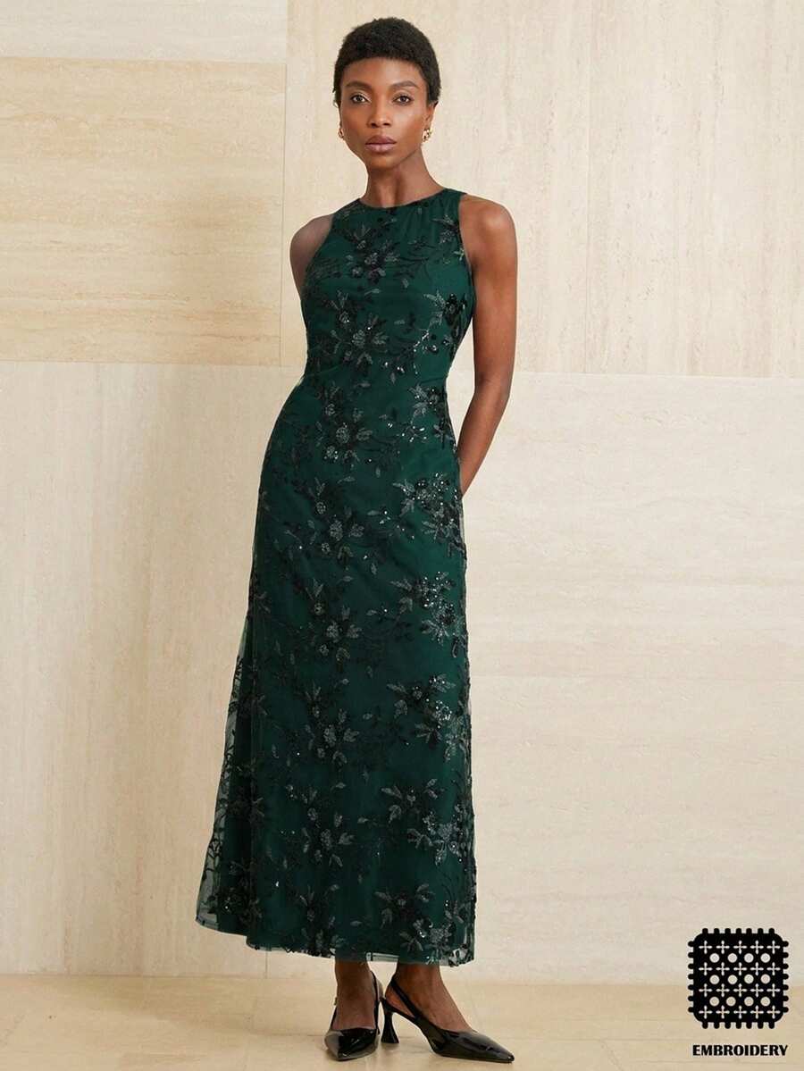 Aveloria Modichic 女款深綠色長洋裝 夏季優雅用餐禮服 祖母綠刺繡網紗薄紗 無袖圓領 珠飾亮片 奢華晚宴婚禮禮服 - 墨綠色 - 查看 1