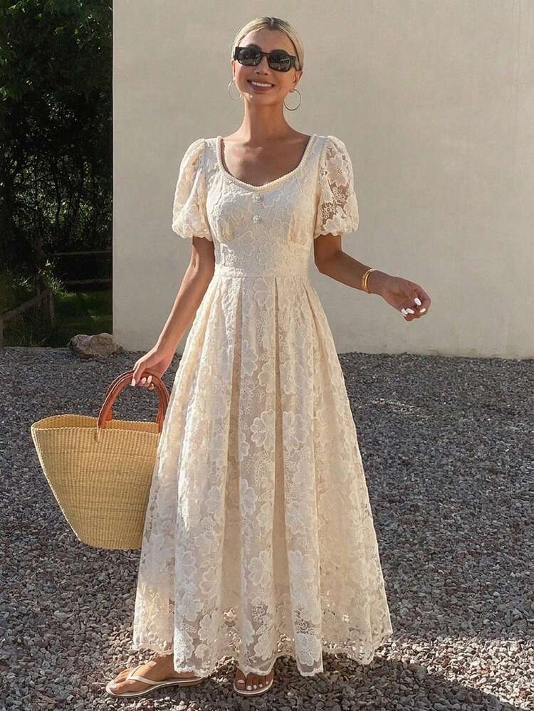Women's Summer Vacation Floral Embroidery Faux Pearl Beaded Petal Sleeve Dress