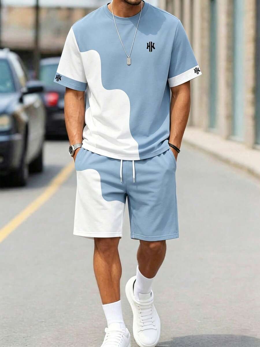 Manfinity Joysei Bộ áo thun nam in họa tiết hình học, kiểu dáng thường ngày, gồm 2 món, thích hợp cho các hoạt động mùa hè. - Màu xanh lam - Xem 1