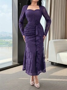 Feyla New Lace Waist Ruffle Floral Cinched Waist Elegant High-End Party Dress - Purple - View 5