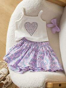 SHEIN Genkimix Kids Toddler Girls' Cute Purple Floral & Heart Print Crop Top Paired With Purple Shorts Skirt Set, Casual Summer Outfit - Multicolor - View 3