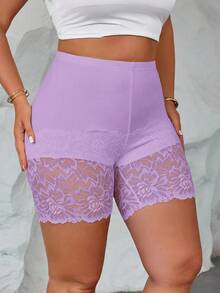 Elenzga Quần legging nữ cỡ lớn phong cách tối giản thường ngày, quần ngắn bó sát phối ren dệt kim tương phản, chất liệu mềm mại, thoải mái, thân thiện với da. - Màu tím - Xem 4